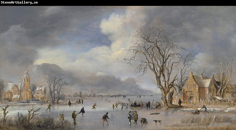 Aert van der Neer A winter landscape with skaters and kolf players on a frozen river